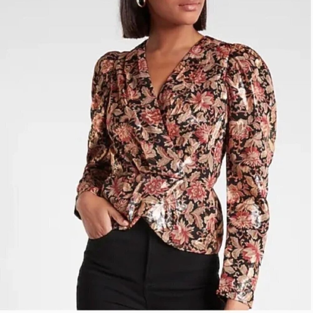 Express EUC floral metallic peplum wrap feminine festive blouse size XS